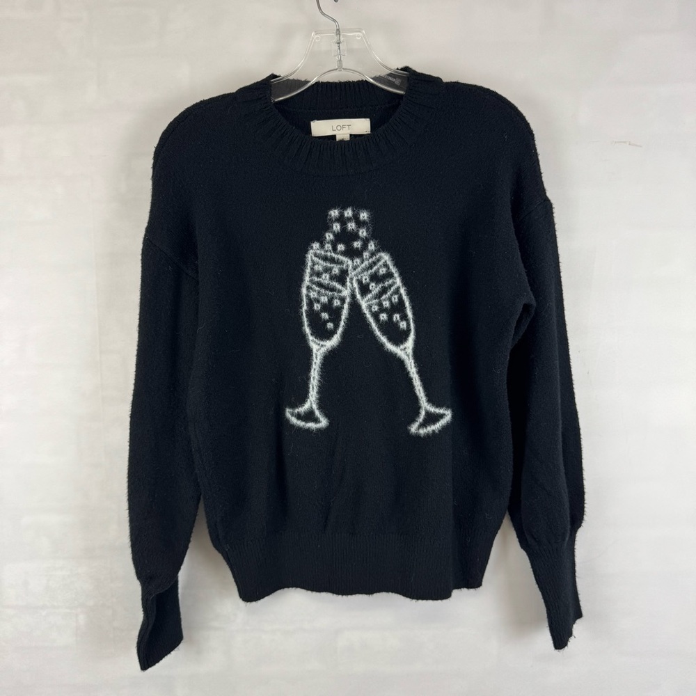 LOFT Black Champagne Glass Intarsia‎ Knit Sweater XS Holiday Party